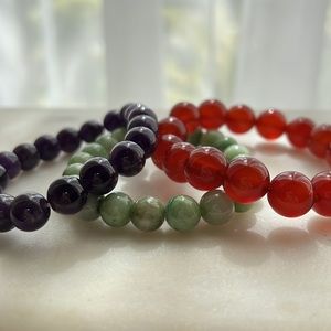 Jade, Amethyst, and Red Agate Bracelets